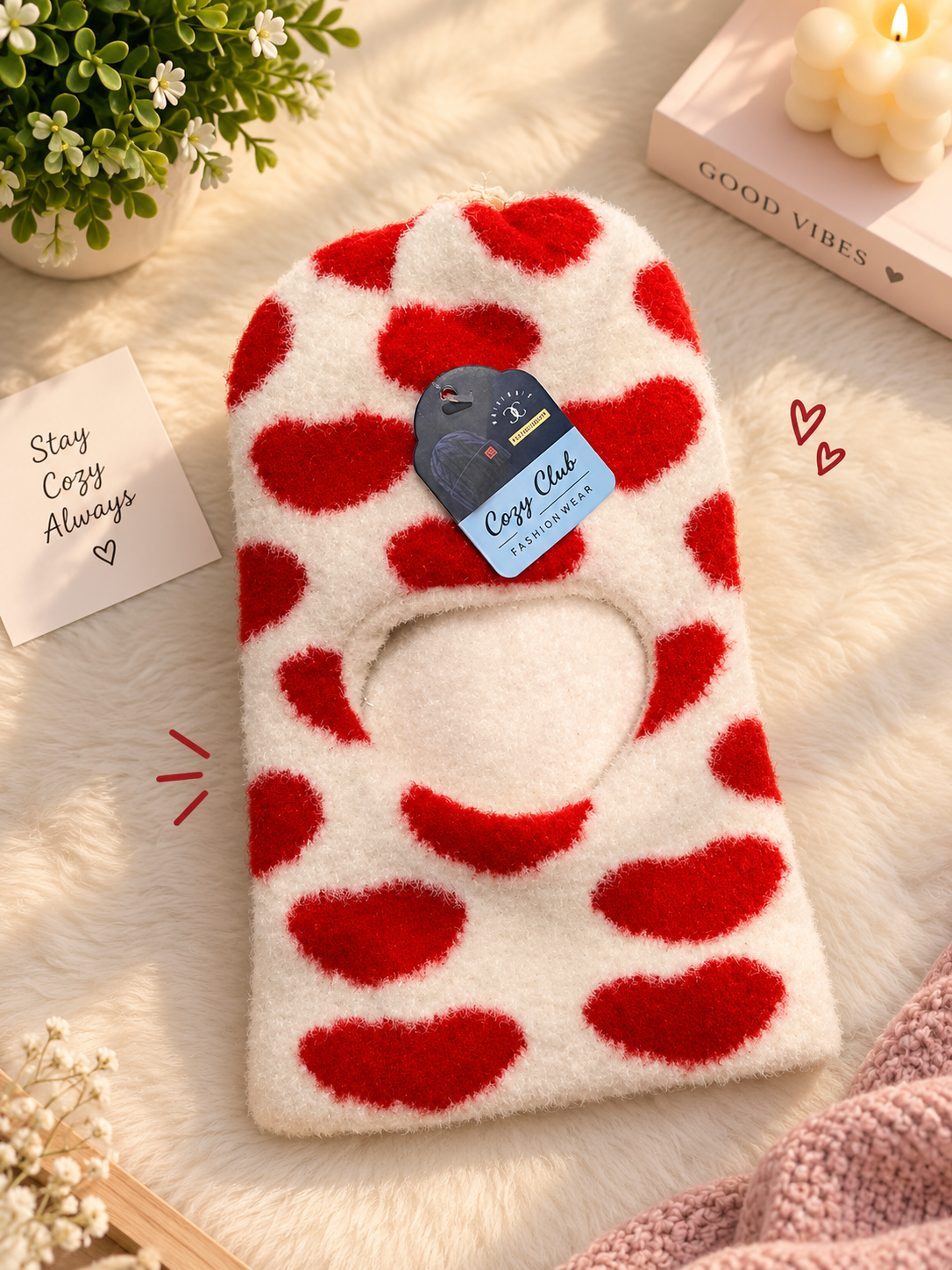 Cozy Club Fuzzy Heart Pattern Winter Balaclava Cap – Red & White