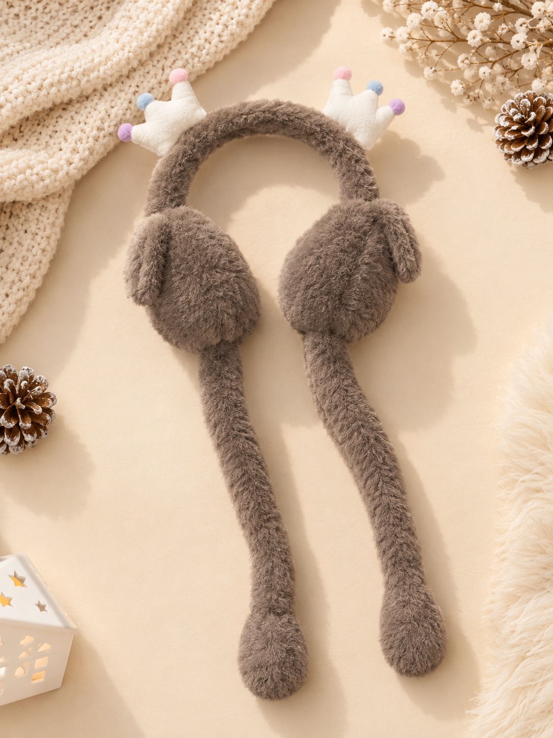 Cozy Club Plush Fur Crown Earmuffs with Long Tails