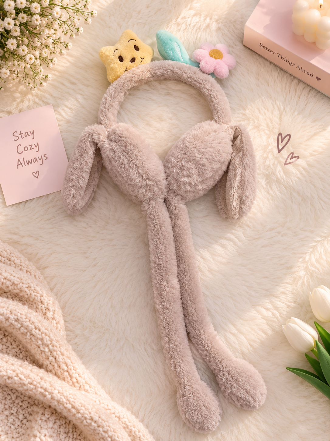 Cozy Club Cute Bunny Plush Ear Warmers with Long Straps