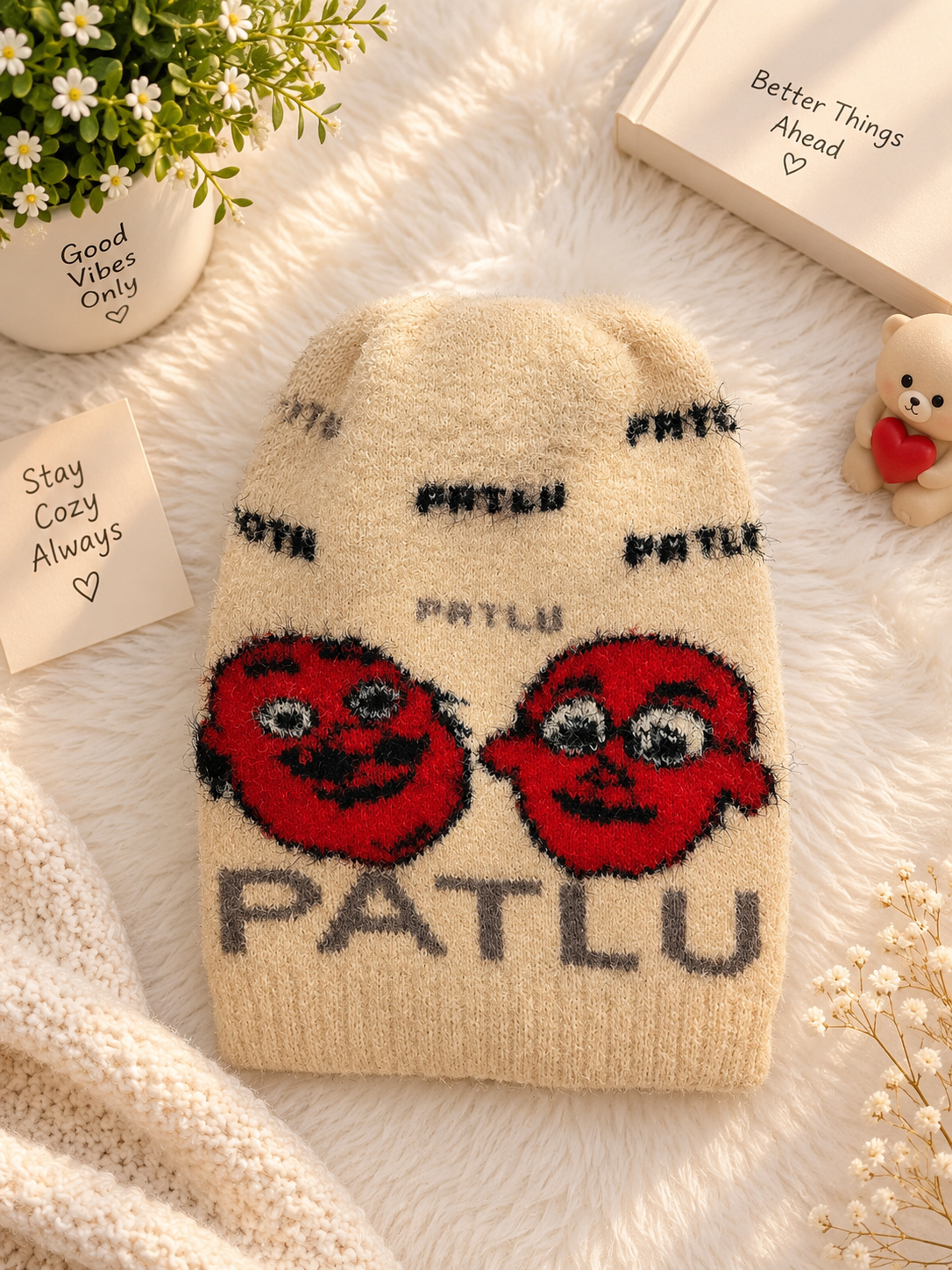 Cozy Club Cream Fuzzy Patlu Cartoon Winter Beanie Cap for Kids