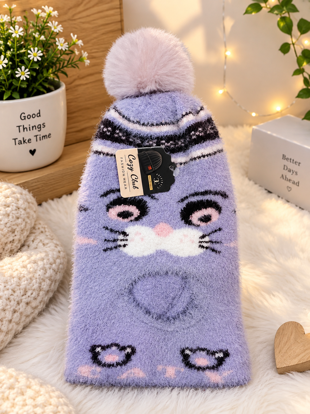 Lavender Cat Design Fuzzy Winter Cap with Pom-Pom