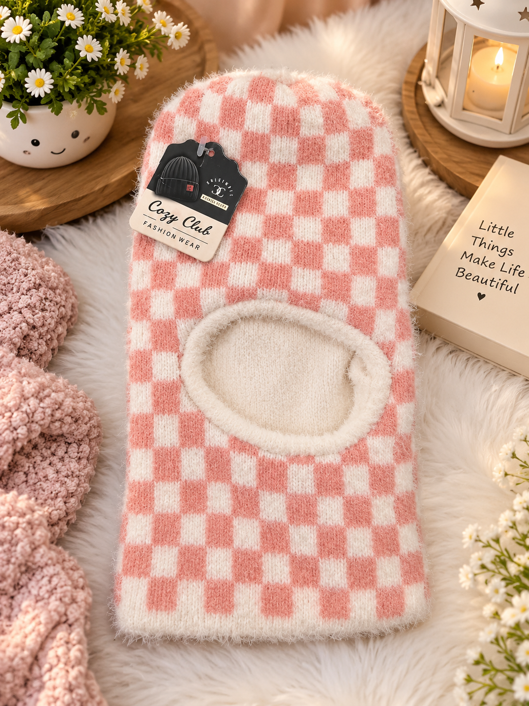 Pink & White Checkered Fuzzy Winter Cap with Cream Patch