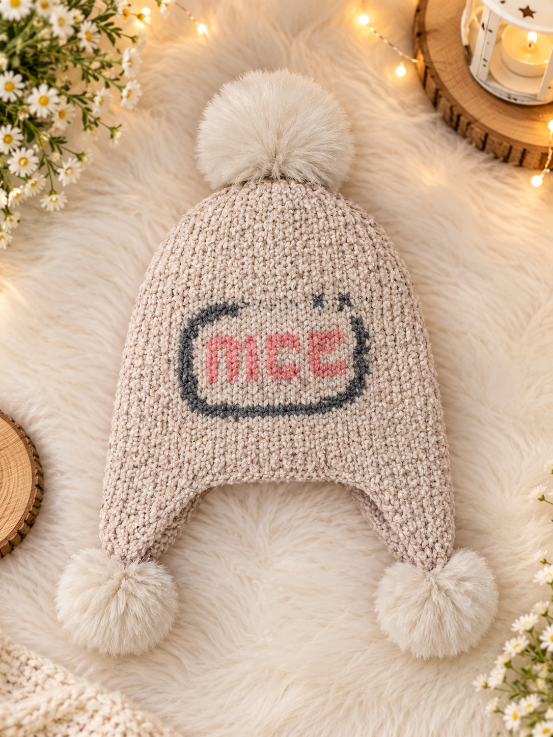 Beige Knitted Winter Cap with Triple Fluffy Pom-Poms