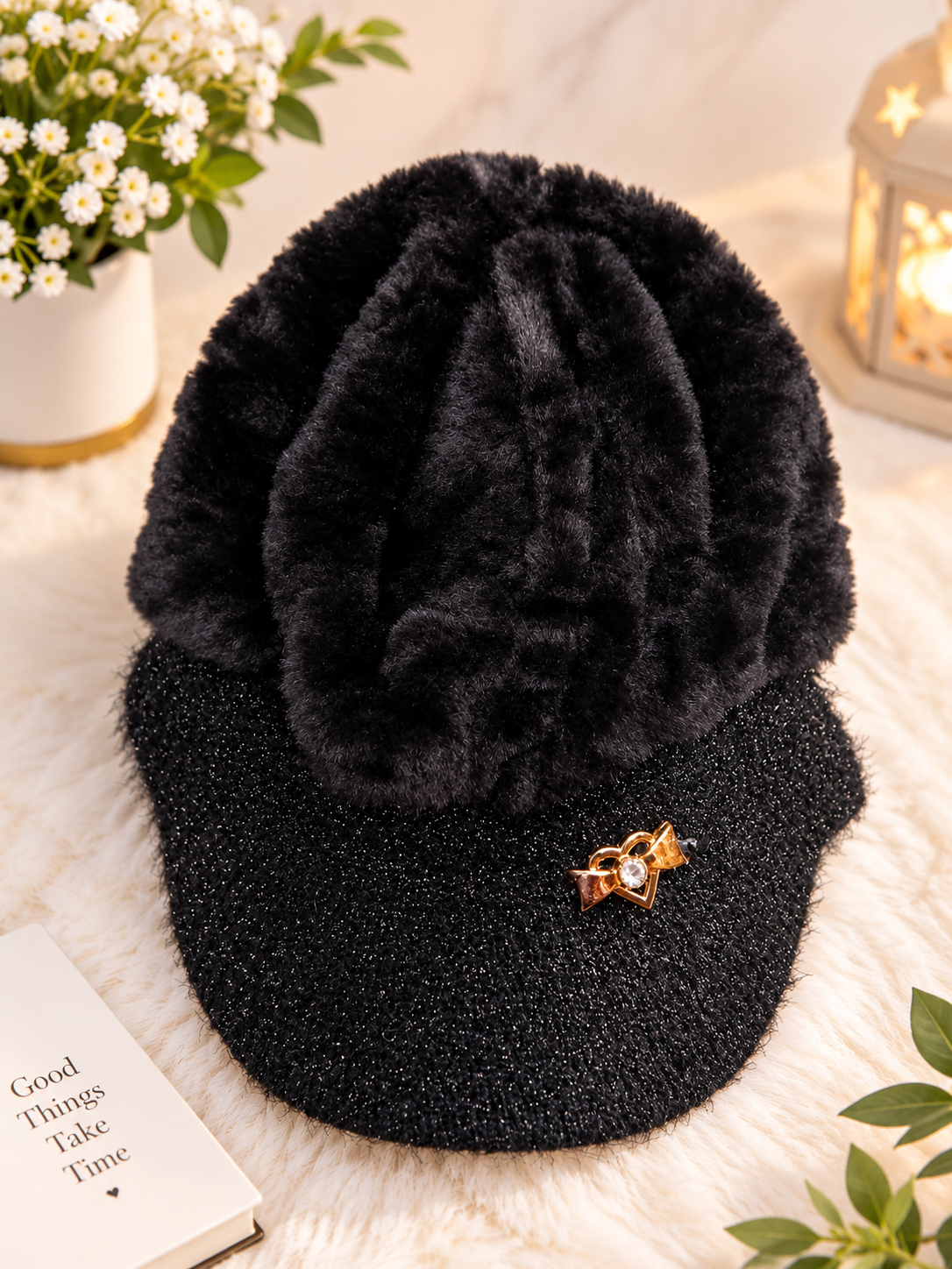 Black Luxe Fuzzy Winter Cap with Golden Bow