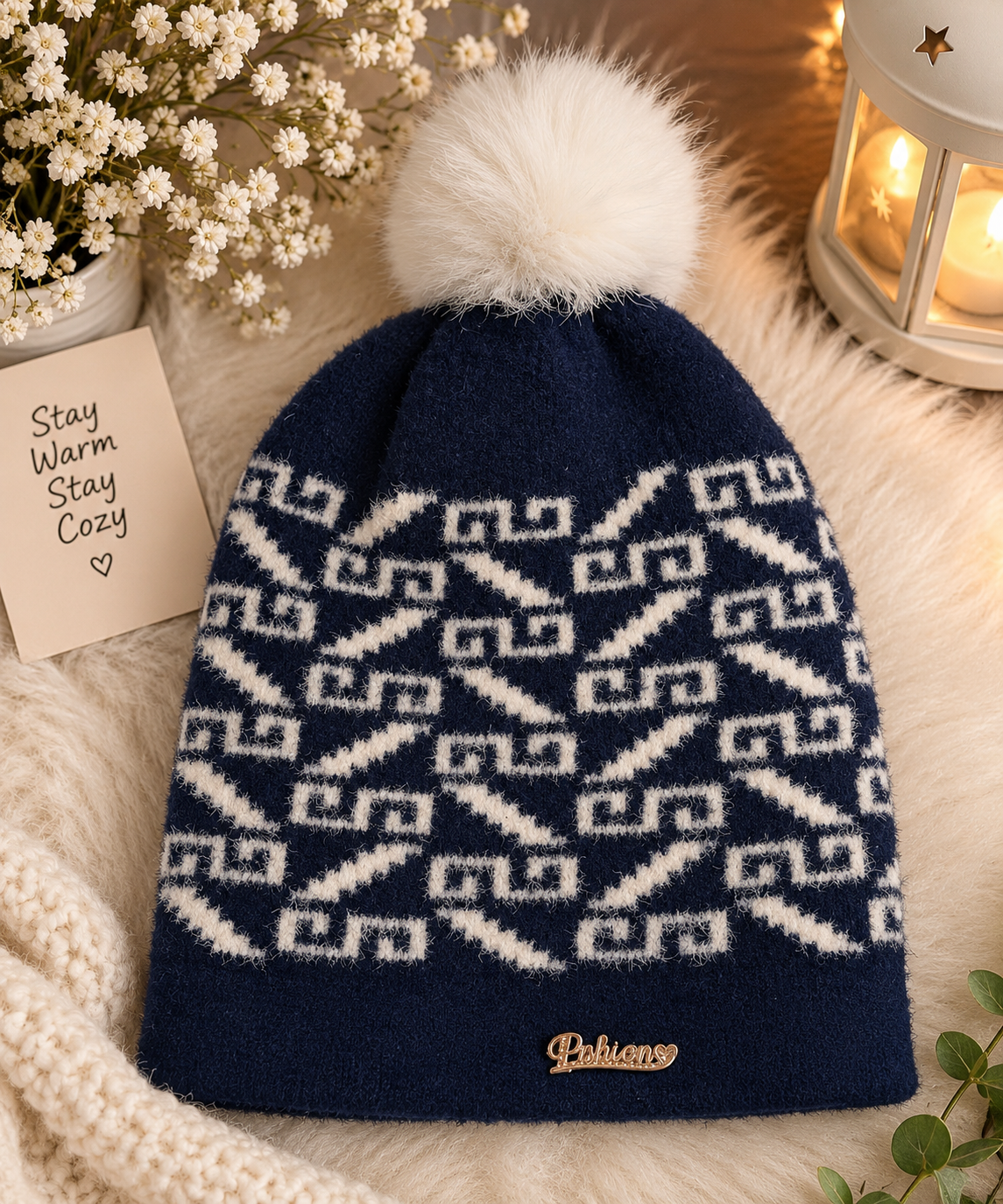 Navy Blue Geometric Pattern Knitted Winter Cap with White Pom-Pom