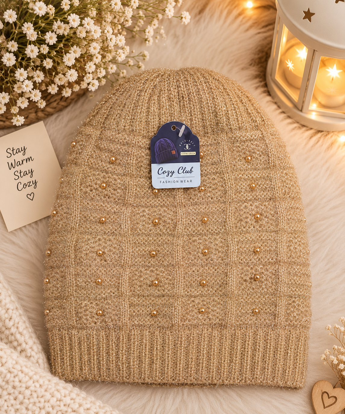 Camel Beige Pearl-Embellished Knitted Winter Cap