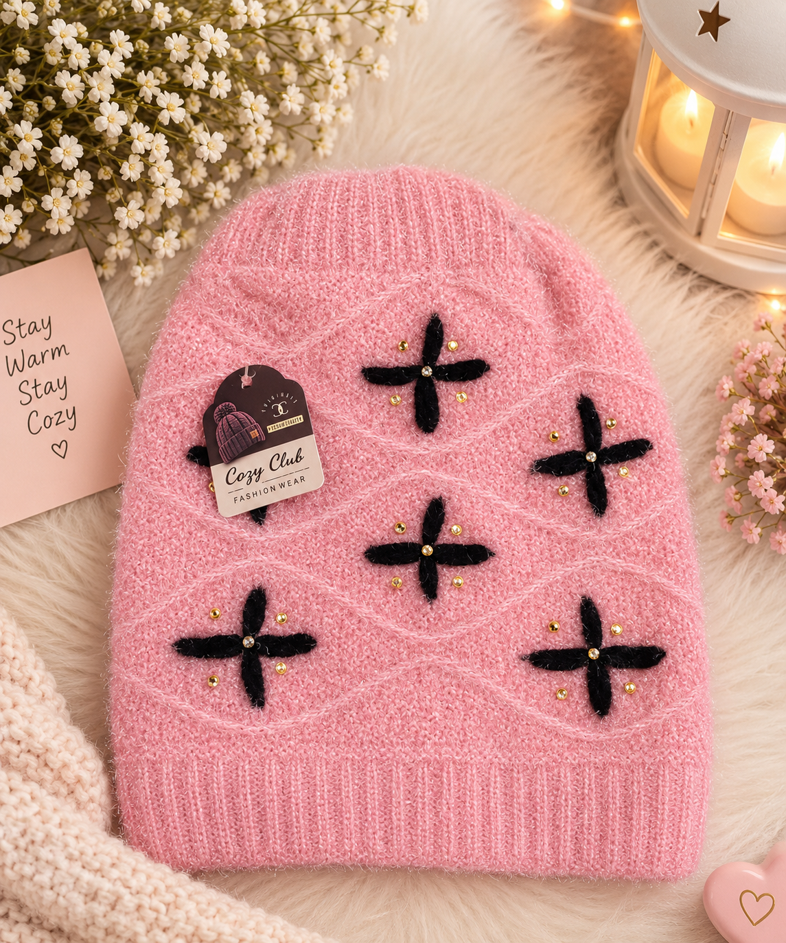 Pink Fuzzy Knitted Winter Cap with Black Motifs