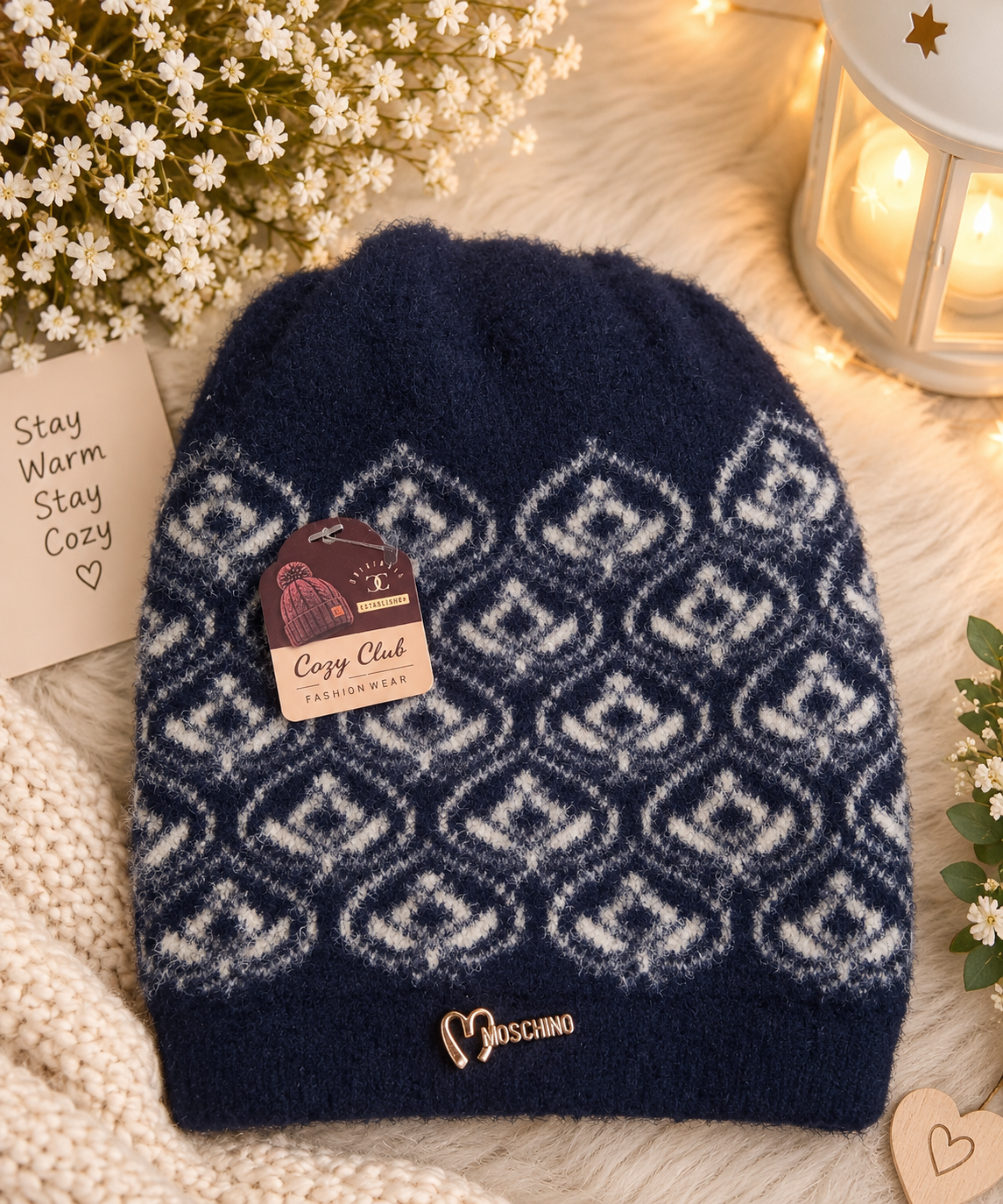 White Cap Sticker Navy Blue Fuzzy Knitted Winter Cap with White Pattern