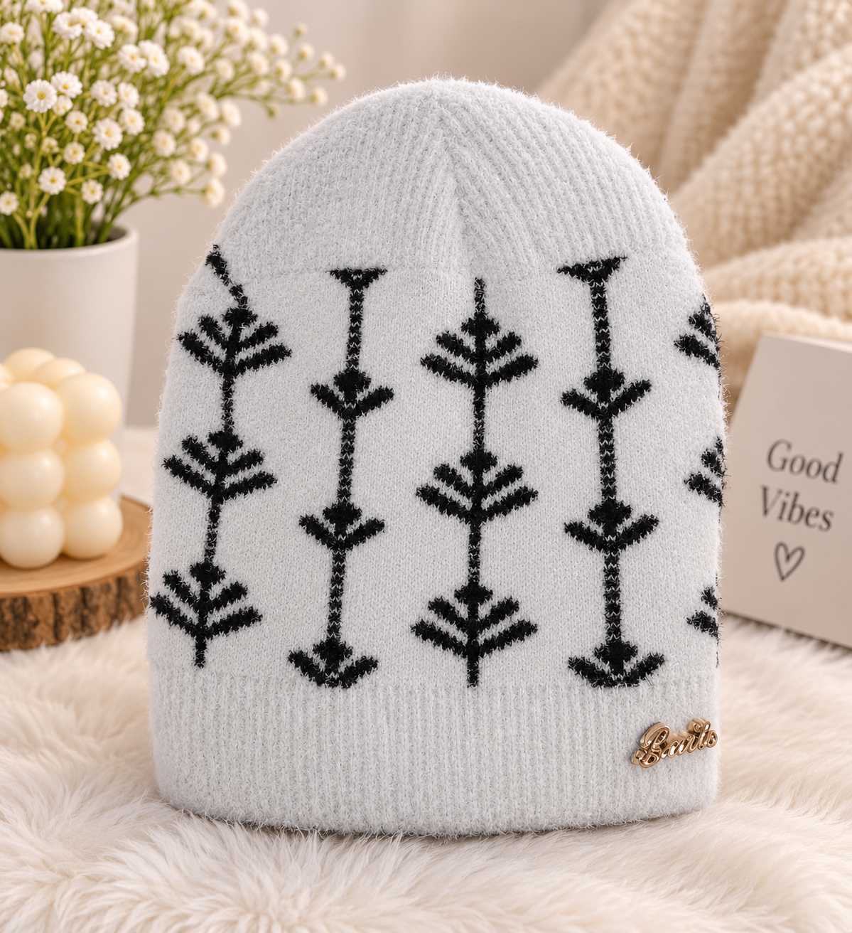 White Printed Knitted Winter Beanie Cap
