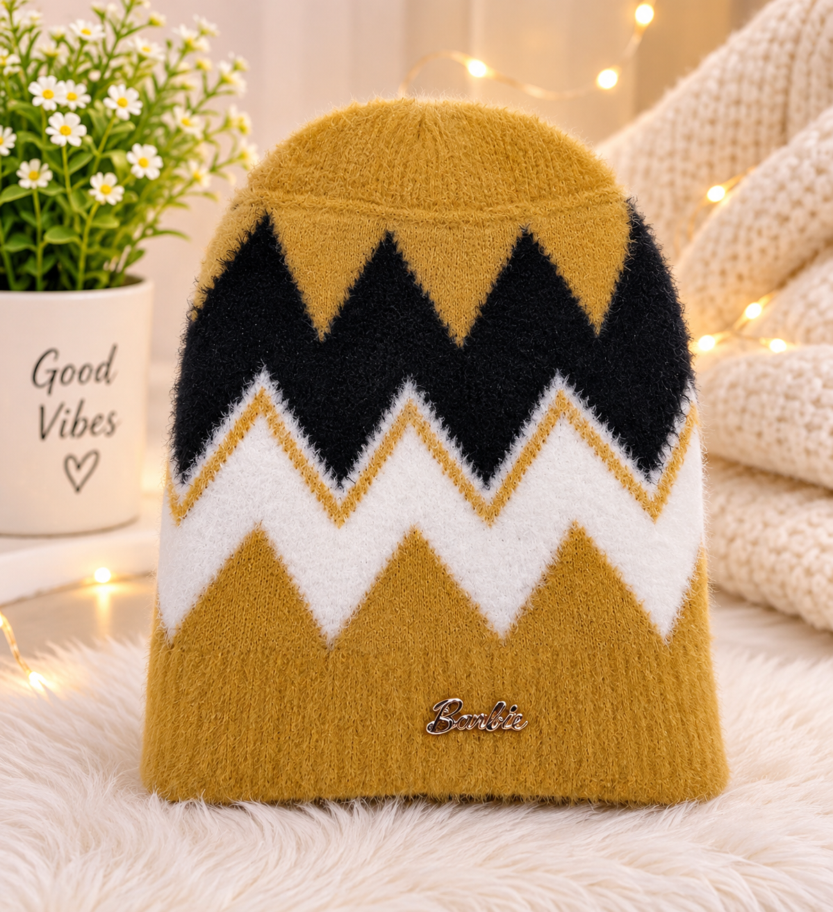 Mustard Zigzag Knitted Winter Cap