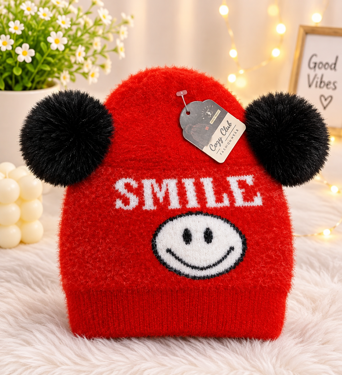 Red Smile Fuzzy Winter Cap