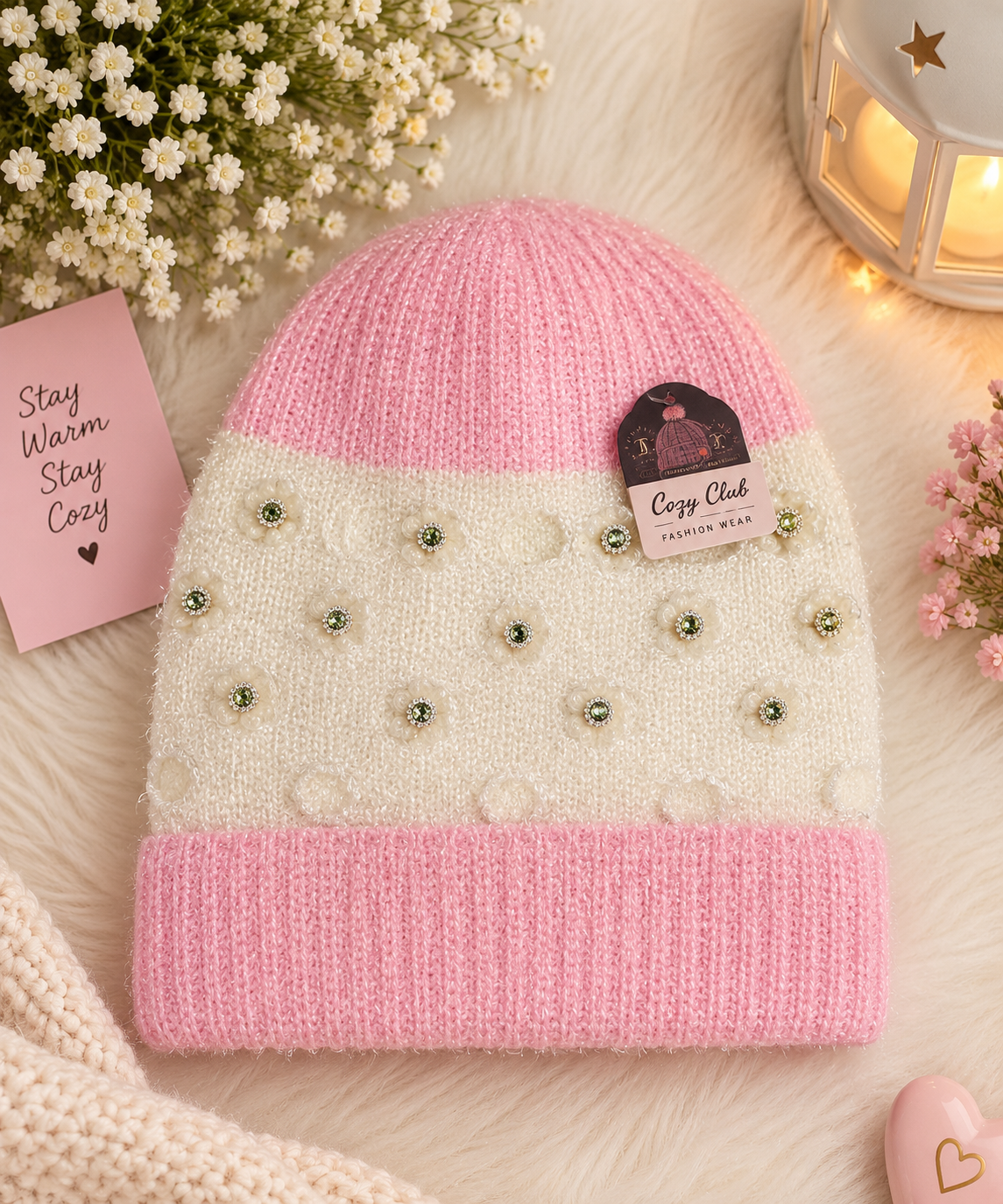 Pink & White Pearl Gemstone Winter Cap